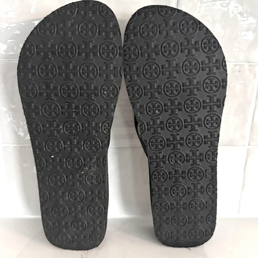 Tory Burch Wedge Flip Flop Sandals Women 9 Black White Geometric Thin Platform